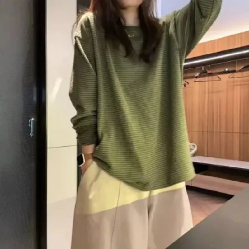 Women Striped Long Sleeve T Shirt Loose Fit Casual Korean Style Oversized Tops For Curvy Ladies