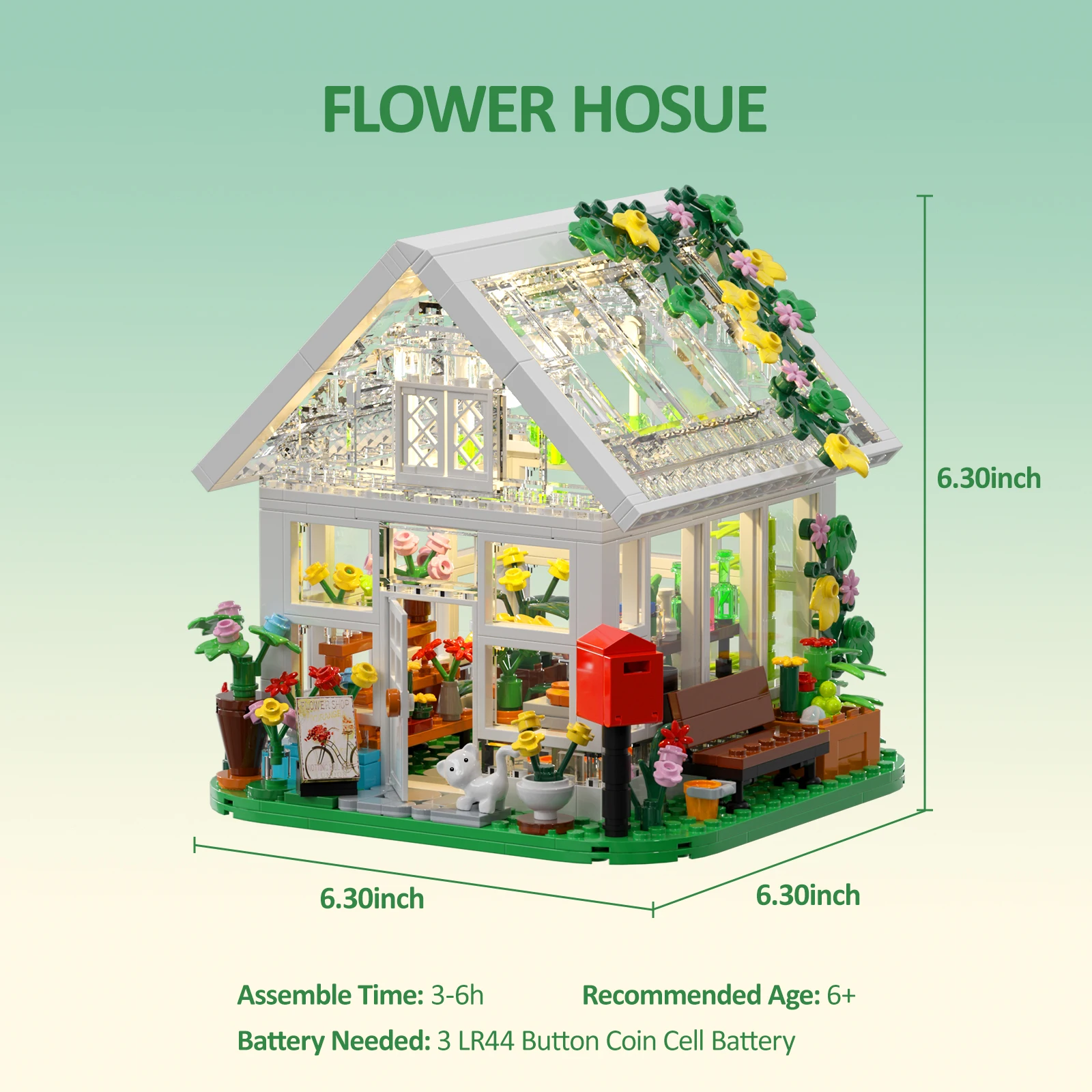 Flower House Building Set Garden House Building Toy with LED Light Build a Greenhouse Model Great Gift for Friend Girls