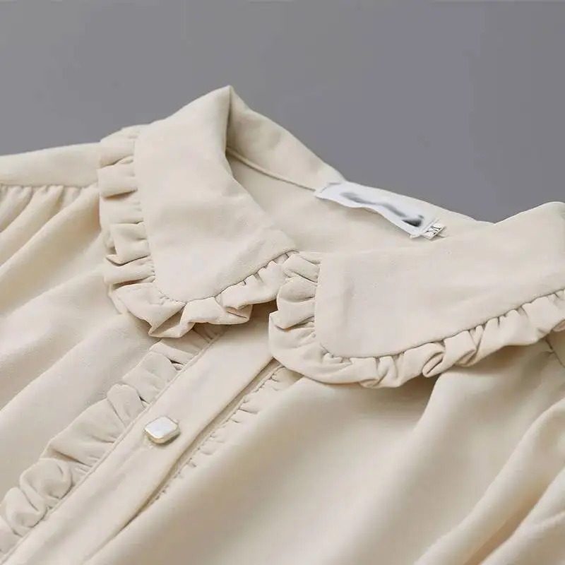 

Абрикосовые рубашки, топы, женские темпераментные топы с воротником Питера Пэна и оборками, эстетические всесезонные свободные длинные рукава-фонарики, шикарные элегантные Mujer