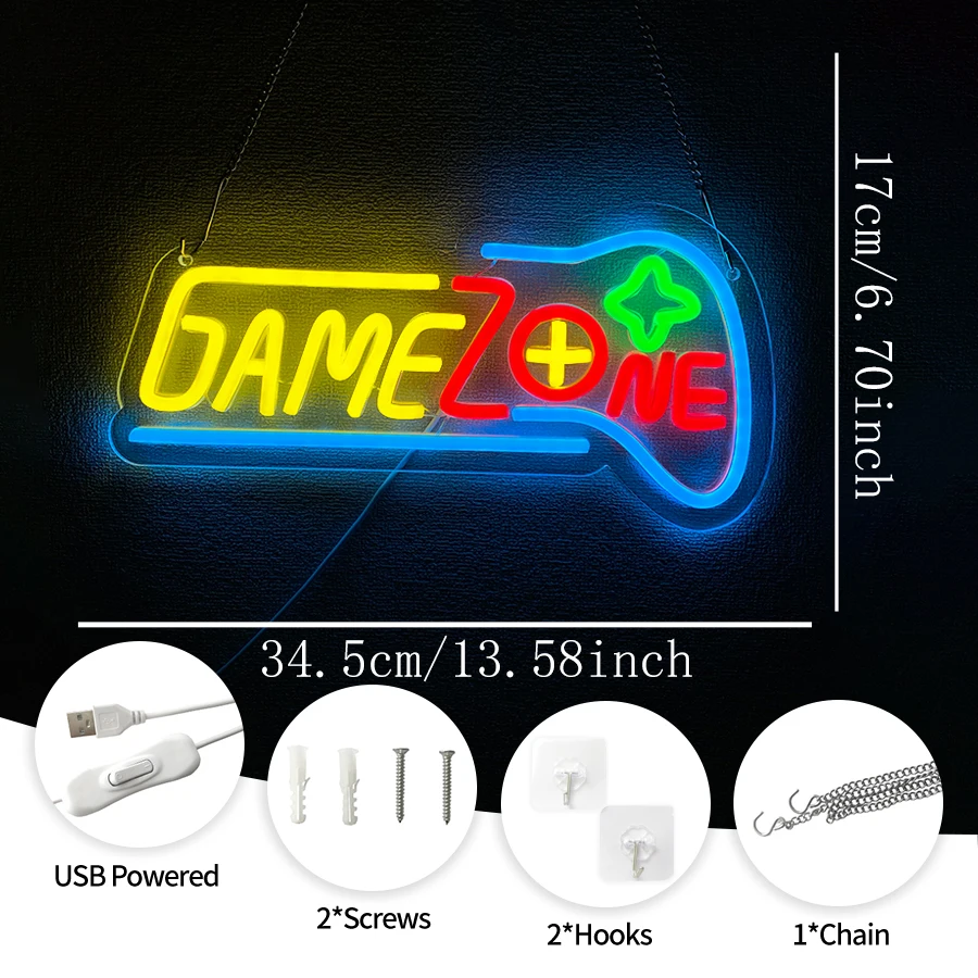 Game Zone Led Neon Sign, Gamepad Icon As A Gift For Gamers, Suitable For Bedroom, Game Room, Club And Man Cave Art Decor.
