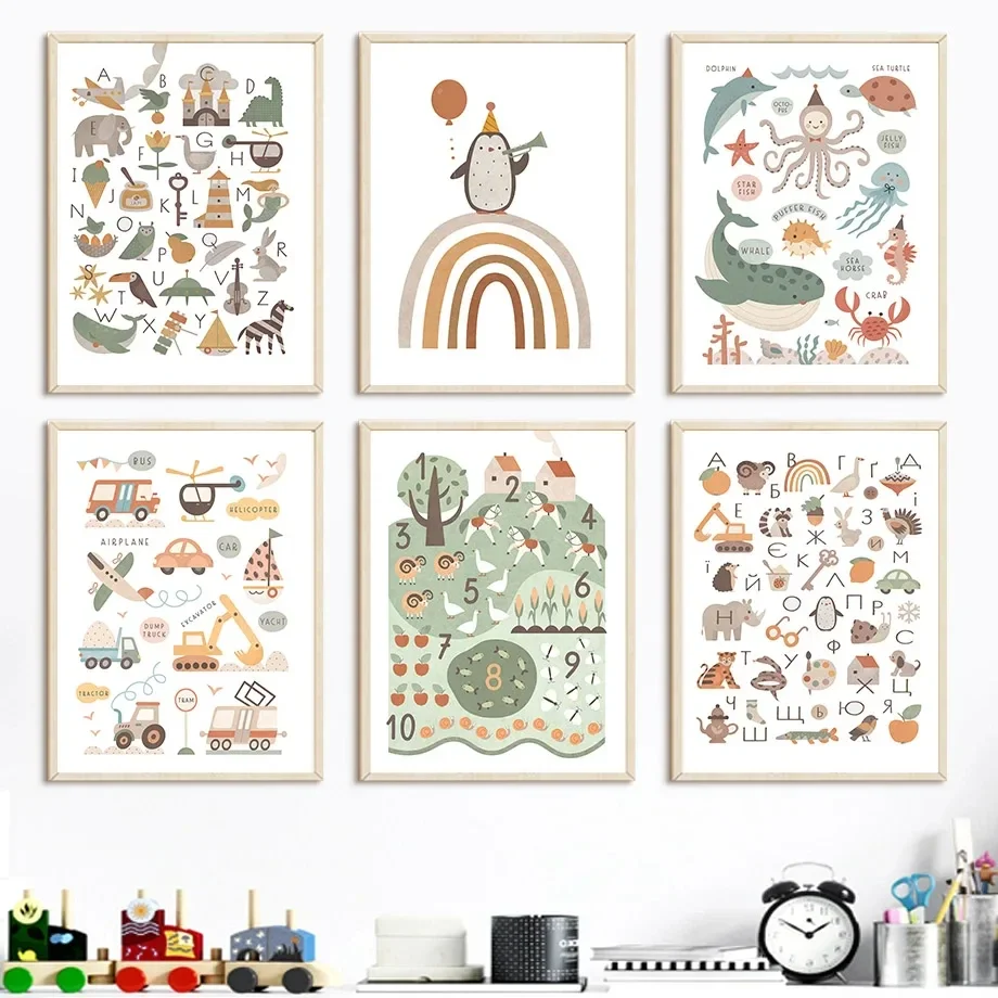 Alphabet Cartoon Educate Nursery Wall Art Car Animals Canvas Painting Nordic Posters Green Prints Wall Pictures Child Room Decor