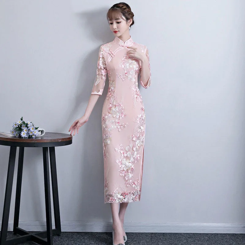 Cheongsam Chinese Classic Women's Lace Qipao Elegant Half Sleeve Vintage Dress Splice Lace Daily Embroidery Dress