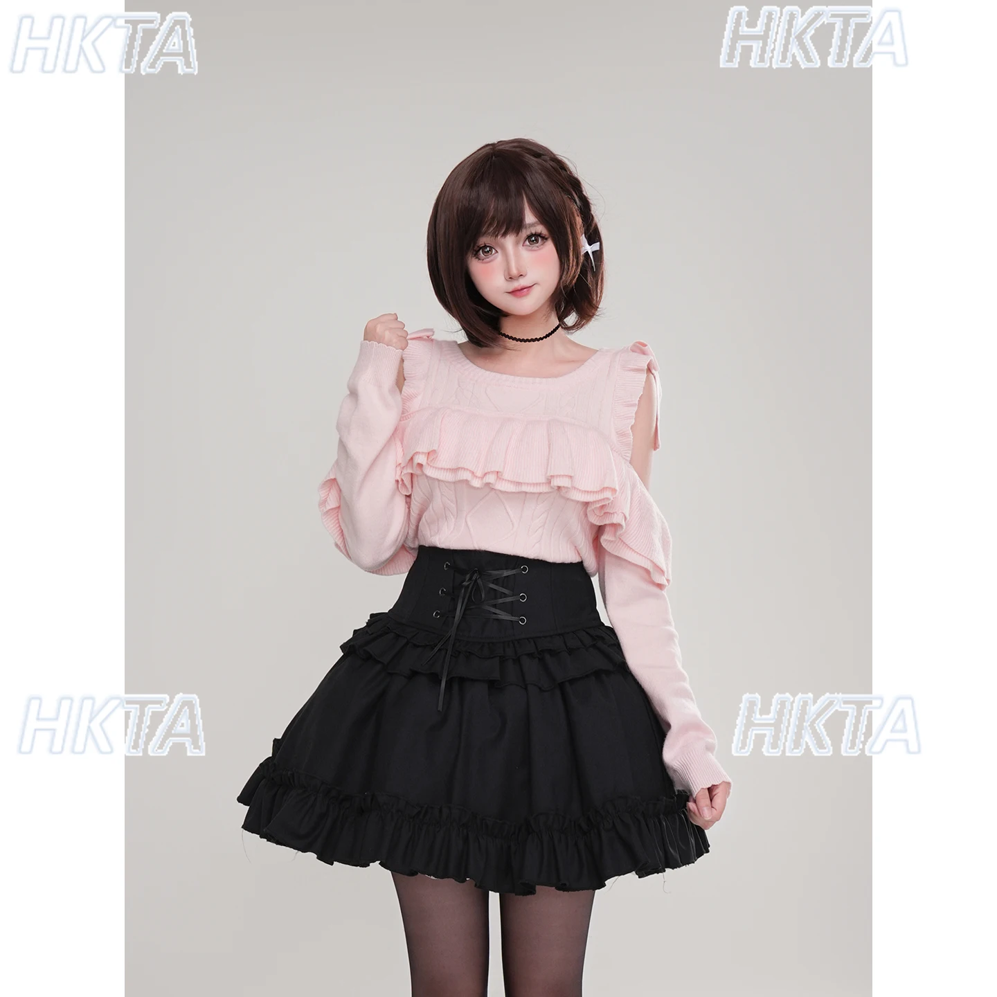 Japonês doce lolita arco fungo borda manga longa fino camisola de malha casaco cintura fina bolo uma linha preto mini saias define feminino