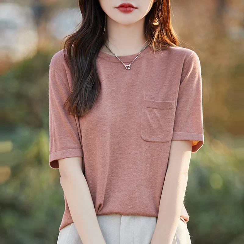 Women's T-Shirt Summer Worsted Wool Sweater Short Sleeve Casual Round Neck Ladies Tops Loose Blouse Basic Pullover Tees Pocket