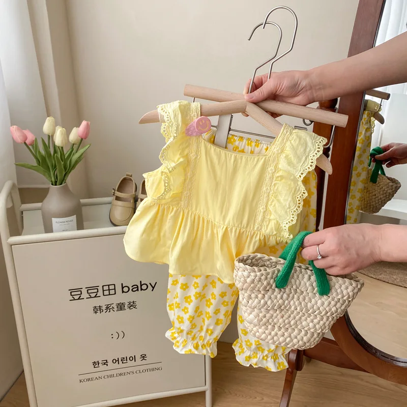 

Girls Clothes Suit Summer Set 2024 New Children Fashion Korean Style Floral Clothes Baby Summer Casual Two-piece Set