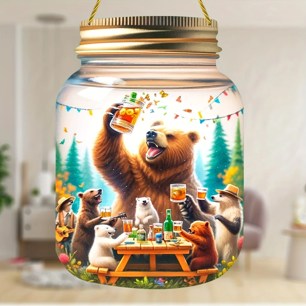 With bear theme animal party scene, lighting decoration,festive glass style home label,art deco style,acrylic material