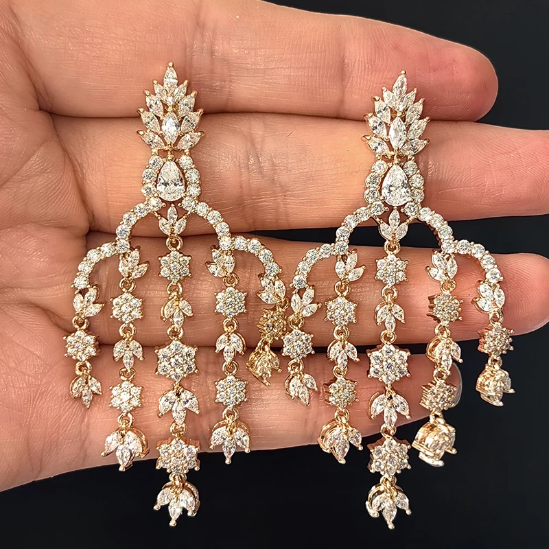 

women earrings large long tassel pendant leaf flower chain colorful cubic zirconia luxury jewelry evening party gift female