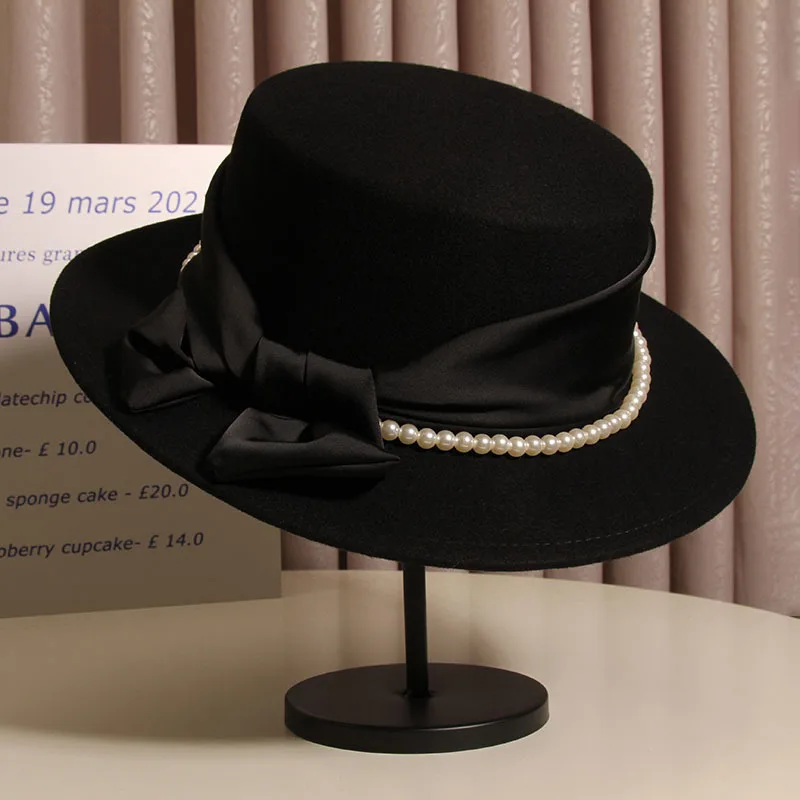 Autumn Winter French Light Luxury Pearl Bow  Felt Flat Top Formal Hat Elegant British Style Lady Hat for Daily Party Dating