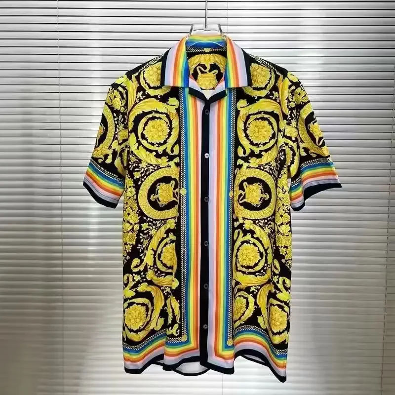 Hot Sale For 2026 Premium Lightweight Men's Short Sleeved Shirt Baroque Collar Print Luxury Court Style Vacation Leisure