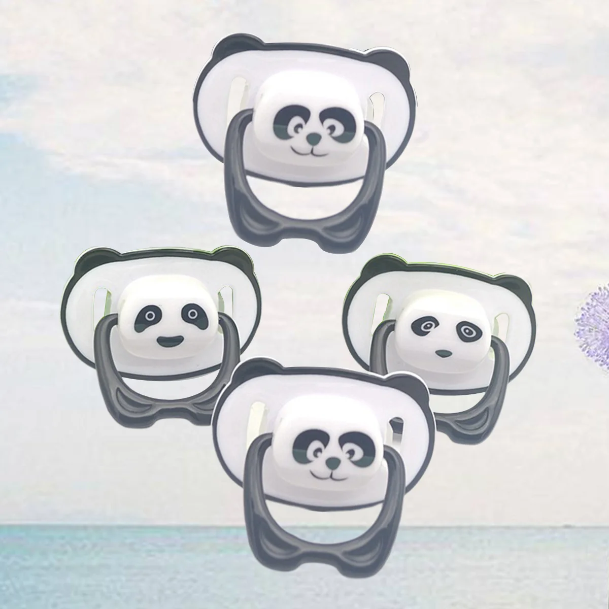 

4Pcs Panda Pacifiers Safe Silicone Teats Soother Infant Set Round Flat Head Mixed Baby Pacifier Clips Baby Pacifiers
