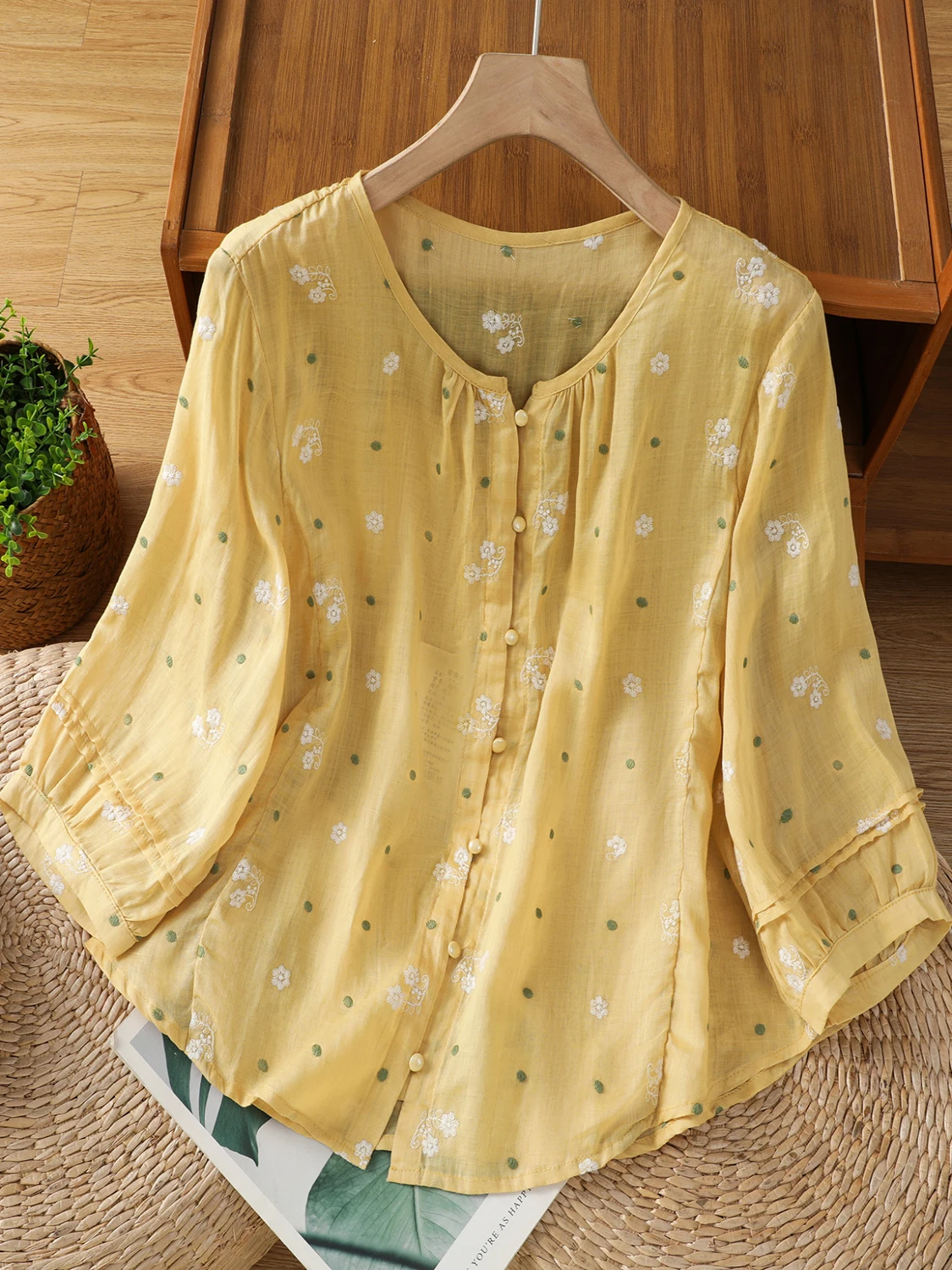 Rétro lourd brodé lin irt femmes été artistique ample minceur décontracté coton lin cinq-quarts Sve haut