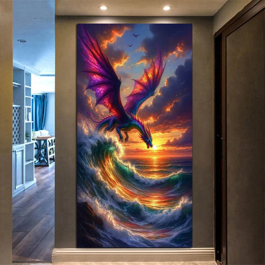 Fullcang الغروب تحلق التنين البحر حجم كبير Diy بها بنفسك الماس اللوحة القط والفأر الملاك كامل فسيفساء التطريز صورة 100x200 سنتيمتر