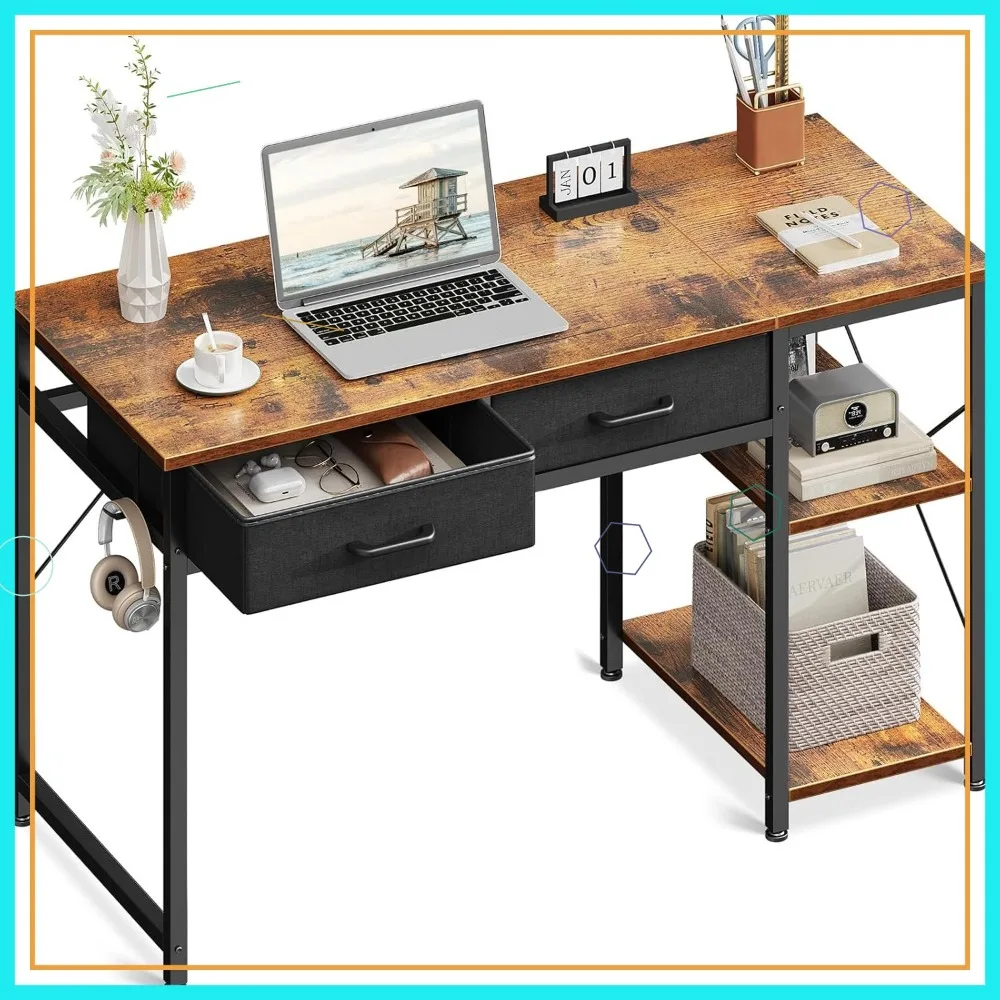 

40 Inch Reversible Small Computer Desk with Drawers and Storage Shelves, Rustic Brown for Home Office Bedroom Space