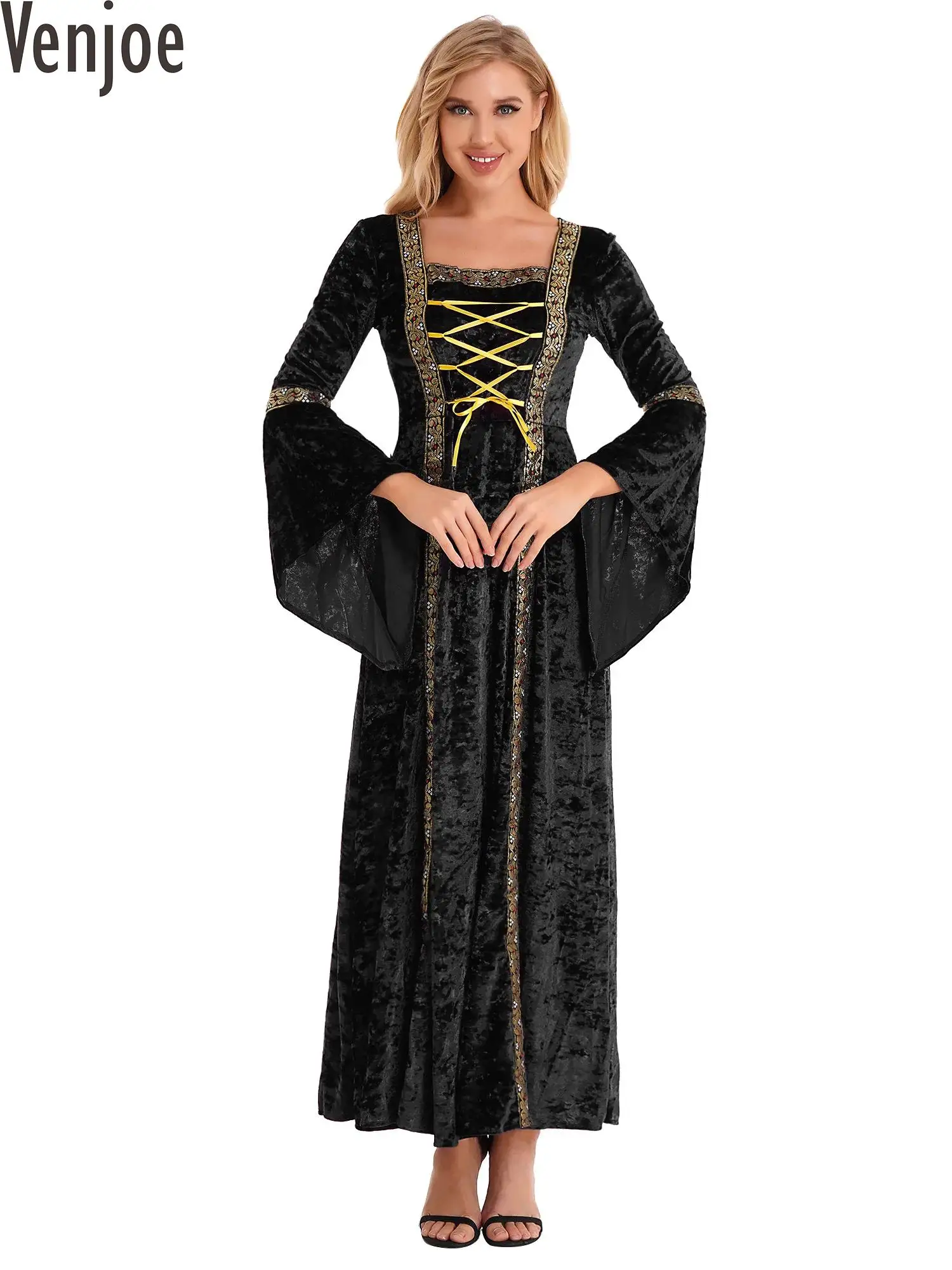 

Womens Renaissance Medieval Gown Halloween Queen Princess Role Play Costume Flare Sleeve Velvet Carnival Party Formal Dress