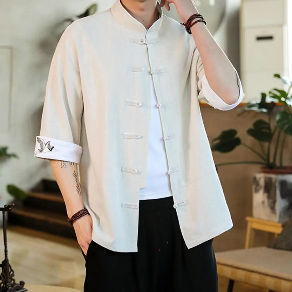 Tang Suit Chinese Style Embroidered Men's Shirt Vintage Knot Buttons Stand Collar Mid Sleeves Printed Cuffs Contrast Color