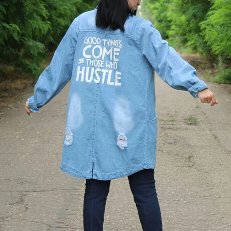 Long Denim Jacket Hole for Women Oversize Coat Casual Loose Jeans, Female Outwear, Windbreaker Autumn Coat Letter Plus Size 2025