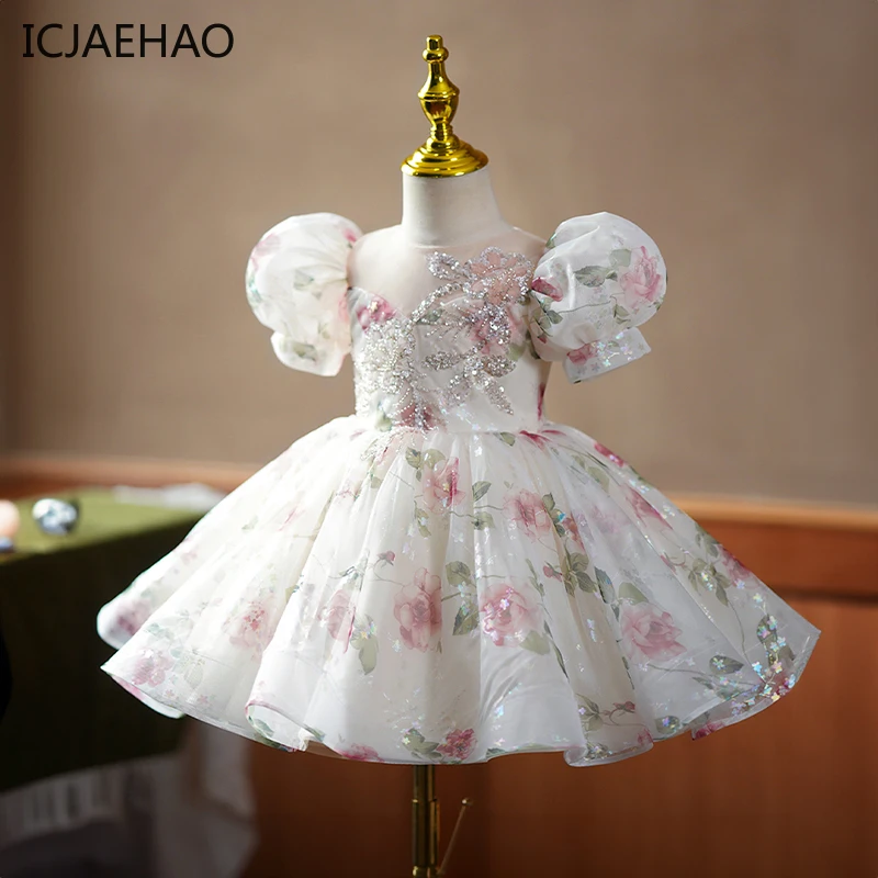 

ICJAEHAO Flower Girls Wedding Evening Ball Gown Children Holidays Luxury Birthday Party Dresses Toddler Formal Clothes Kids