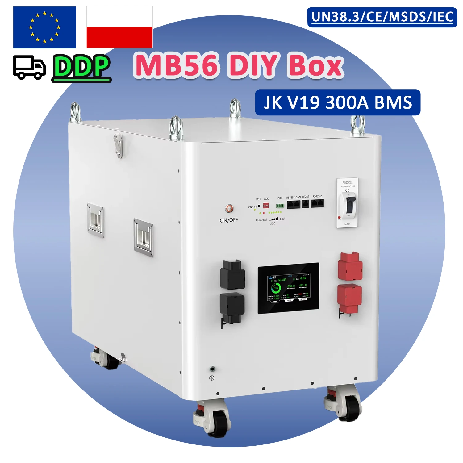 EU Stock New Arrival 48V 51.2V MB56 628Ah 16s Lifepo4 Battery Diy Box with JK V19 300A BMS for Home Power Energy Storage