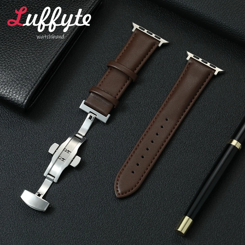 

Business PU Leather Smartwatch Strap for Apple Watch Ultra SE 1-10 Butterfly Clasp Bands for Iwatch 38/40/41/42/44/45/46/49mm