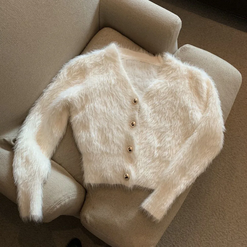 Mohair Knitted Cardigan V Neck Crop White Sweater Retro Casual Lazy Oversize Sueters Sweaters For Women Solid Fur Clothes Jacket