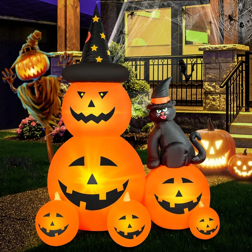 

6 FT Halloween Inflatable Decorations Spooky Ghost Pumpkin Lighted and Witch's Cat, Halloween Decorations Outdoor Inflatables