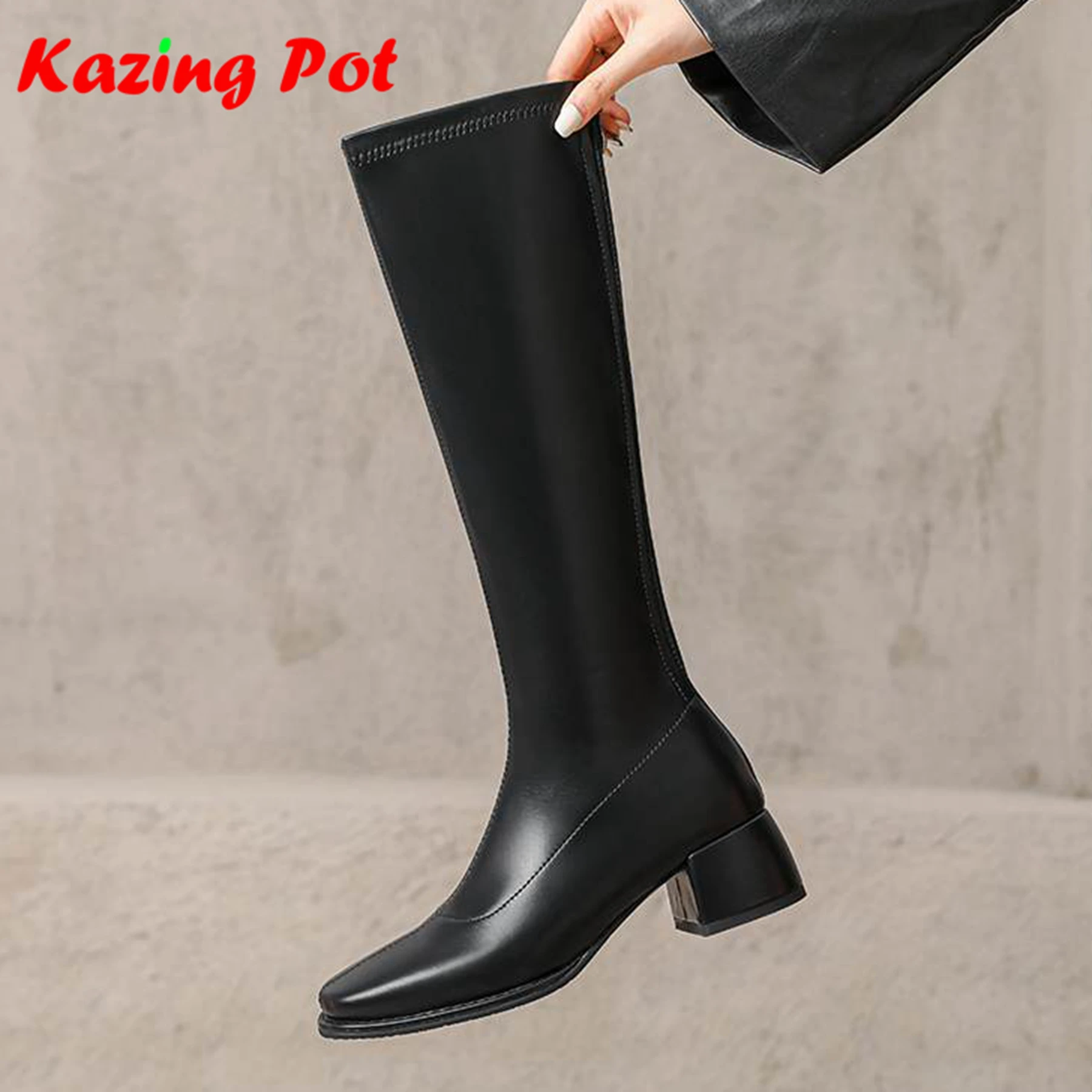 

Krazing Pot Microfiber Square Toe Thick Heels Riding Boots Platform Big Size 43 Brown Causal British School Zip Thigh High Boots
