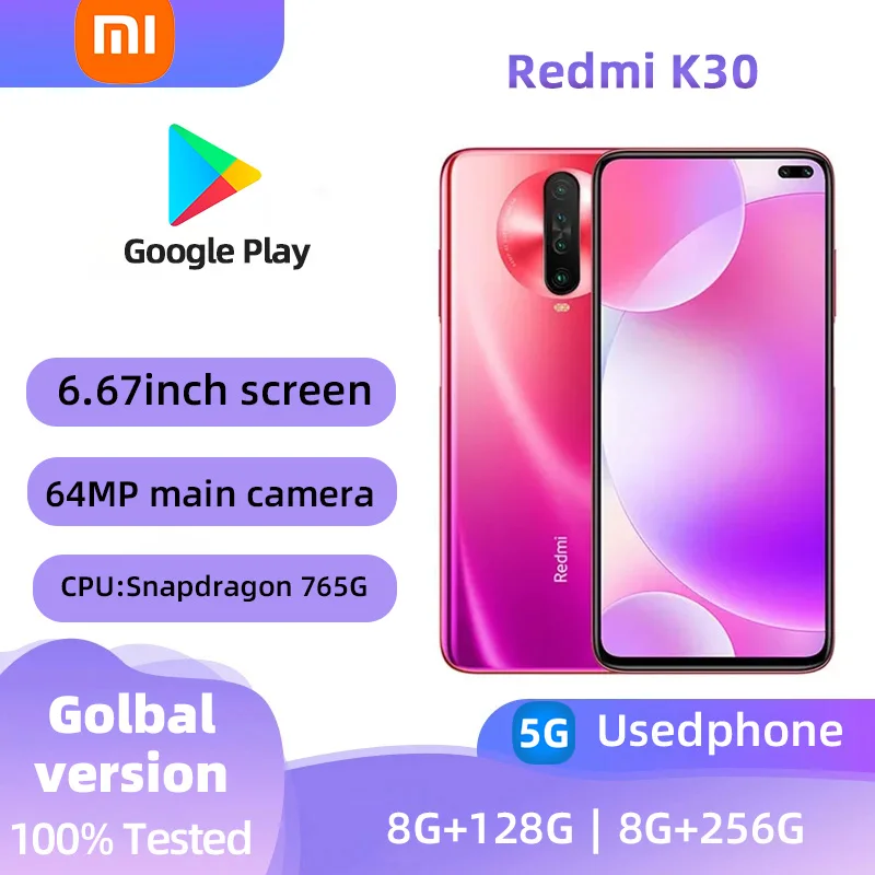 Xiaomi Redmi K30 5G Android 6,3-дюймовый ОЗУ 8G ROM 128G Qualcomm Snapdragon 765G Б/у телефон