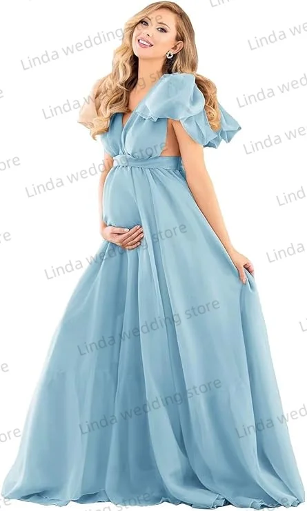 Vestido de maternidad de gasa Chocolate para fotografía, bata para sesión de fotos de embarazada con hombros descubiertos, vestidos para fotos, Baby Shower personalizado