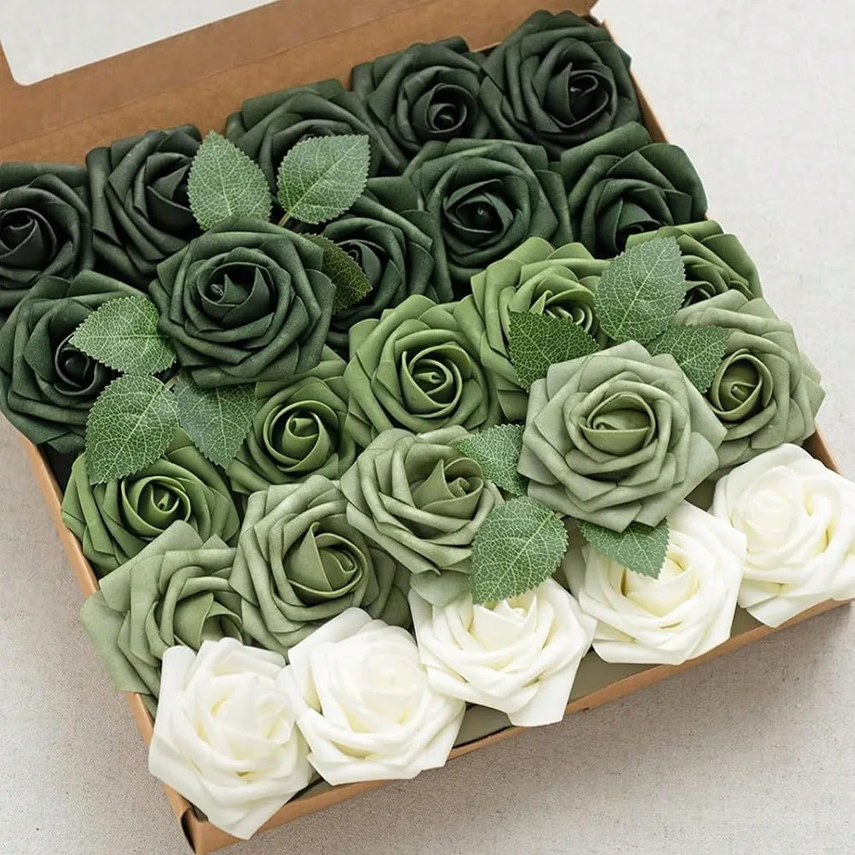 25 peças de rosas artificiais, conjunto de rosas artificiais de gradiente verde-ramo de casamento diy, adequado para casamento, bolo, decoração de festa