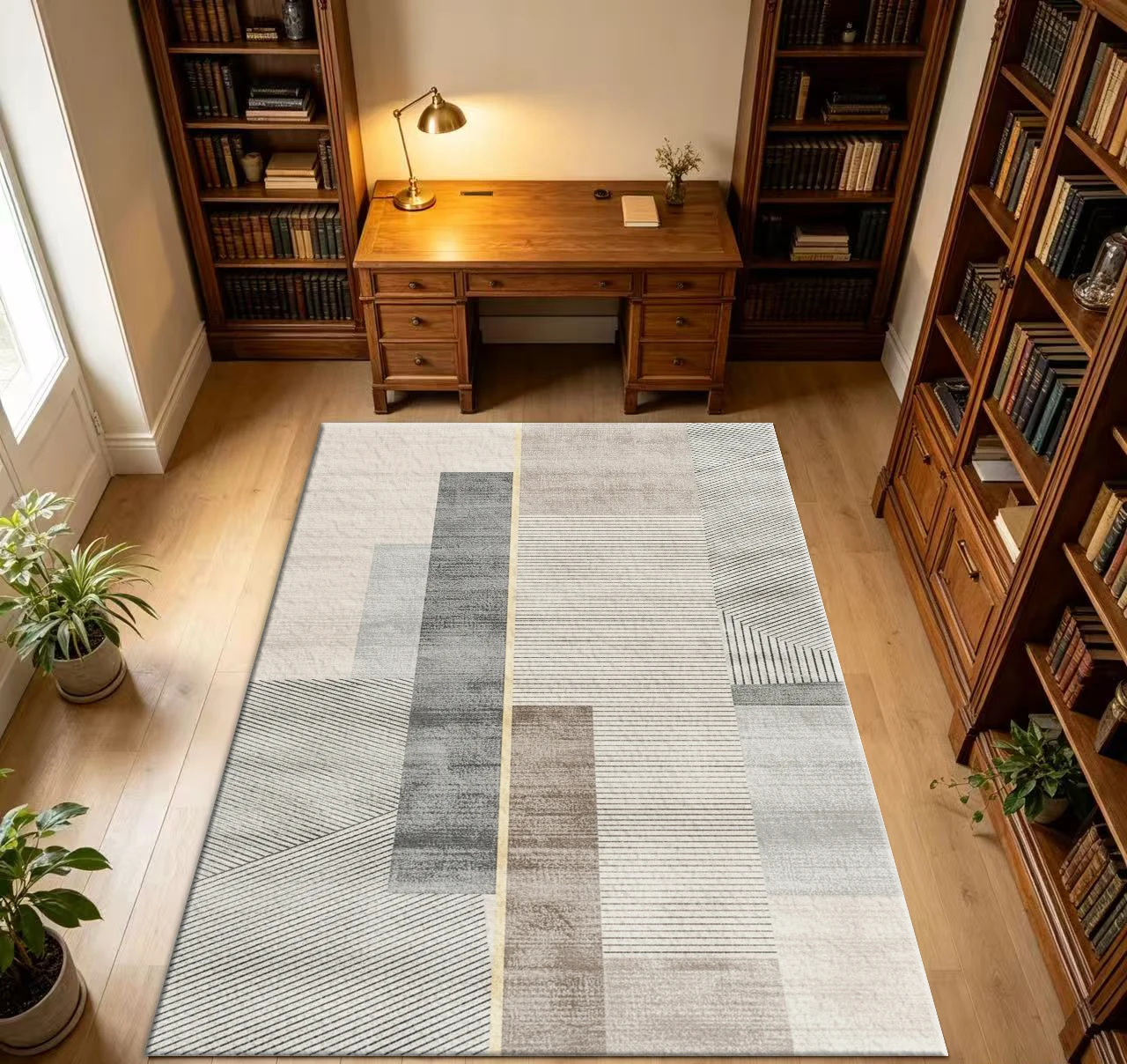 Neutral Tone Geometric Line Splicing Area Rug Carpet Flooring Modern Minimalist Floor Rug for Living Room Bedroom Decor