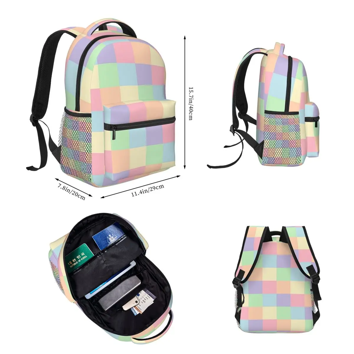 Unicorn Pastel Rainbow Checkerboard Backpacks Boys Girls Bookbag Students School Bags Rucksack Lunch Bag Pen Bag Three-Piece Set