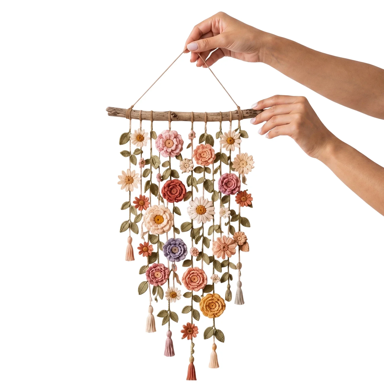Floral Vine Decor Boho Crochet Wall Hanging Handmade Cotton Macrame Bohemian Farmhouse Art
