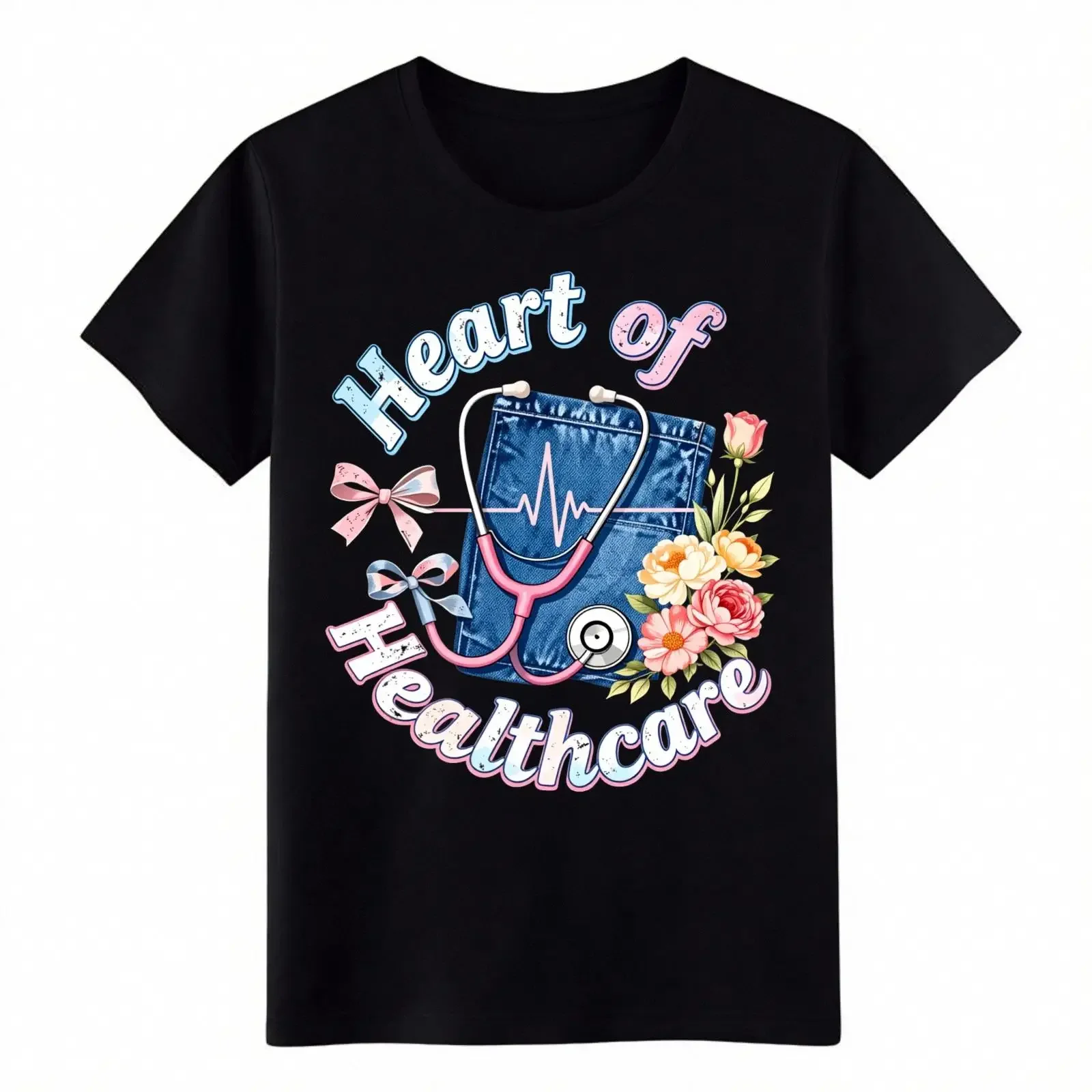 Heart of Healthcare Floral Stethoscope T Shirt Nurse Medical Worker vintage Washed Stretched fashion Top For Everyday Wear