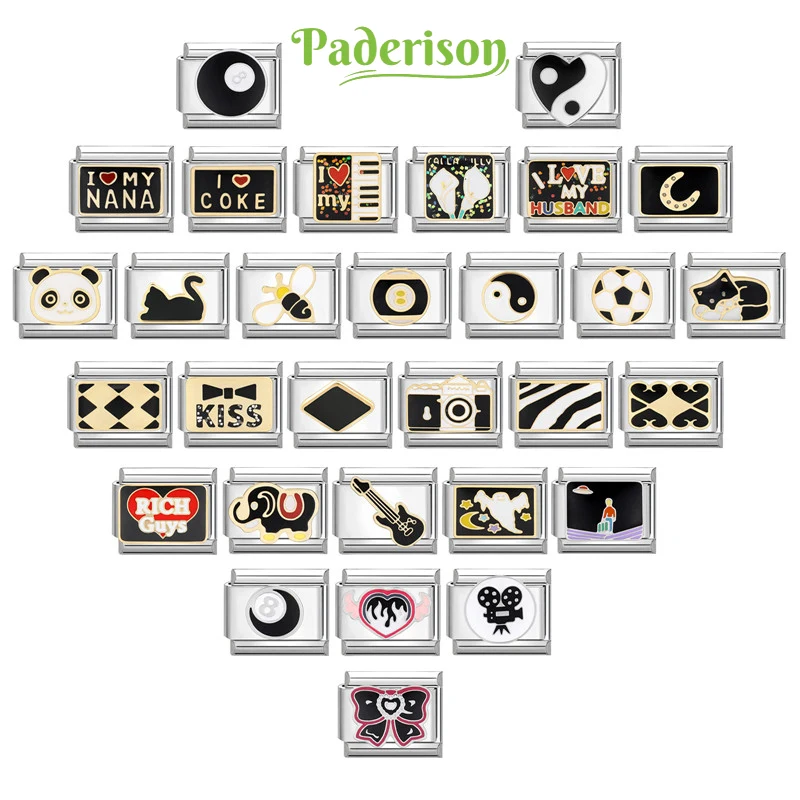 

Paderison Black Panda Elephant Guitar Checkerboard Italian Charm Links Fit 9mm Bracelet Stainless Steel DIY Jewelry Making