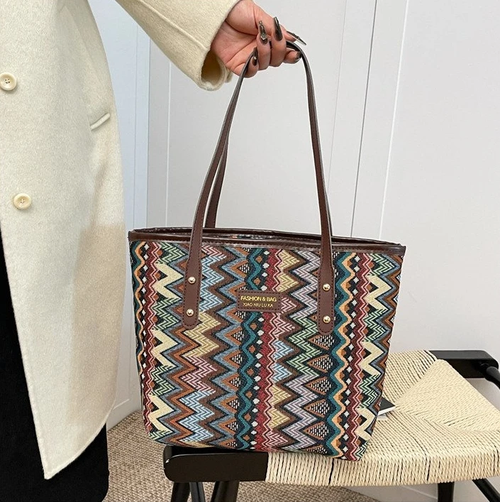 

Women's Spacious Patterned Tote Bag - Trendy Versatile Work & Casual Shoulder Handbag