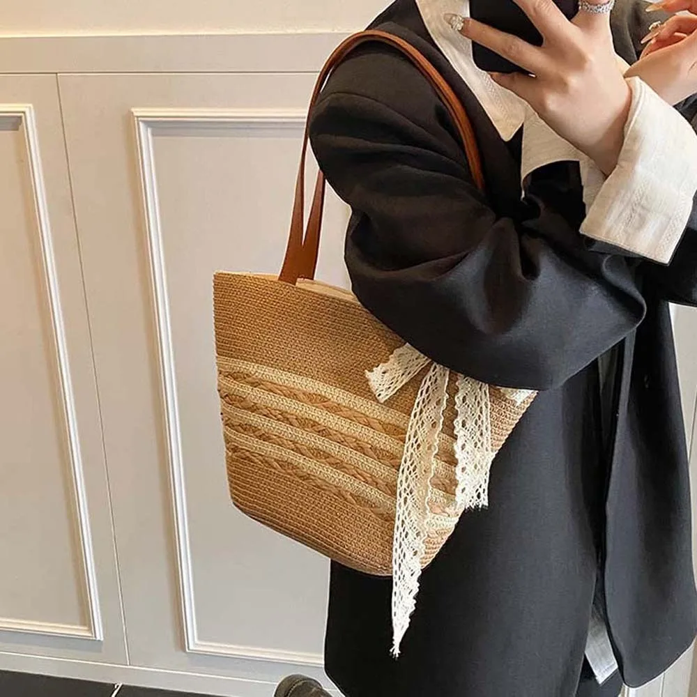

Trendy Sweet Woven Tote Bag Silk Ribbon Breathable Stripe Straw Handbag Polyester Beige Summer Beach Bag Female
