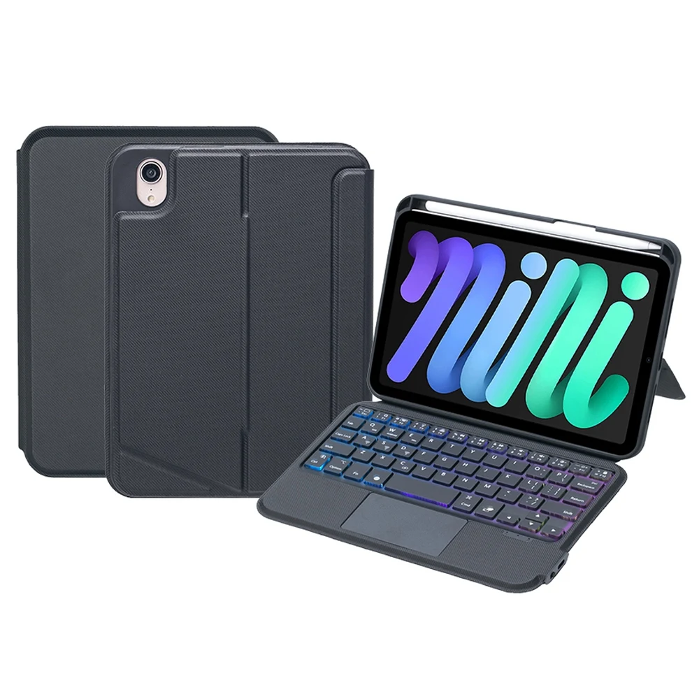 

T06-AS for iPad mini (2024) / mini (2021) Backlit Touchpad Keyboard Kickstand Case Pen Holder Tablet PU Leather Cover with Detac