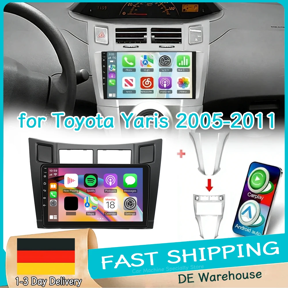 Auto-Stereoanlage Radio RDS GPS-Navigation 9'' für Toyota Yaris 2005-2011 Android15 mit Carplay Android Auto WLAN Bluetooth 2+64GB DAB+
