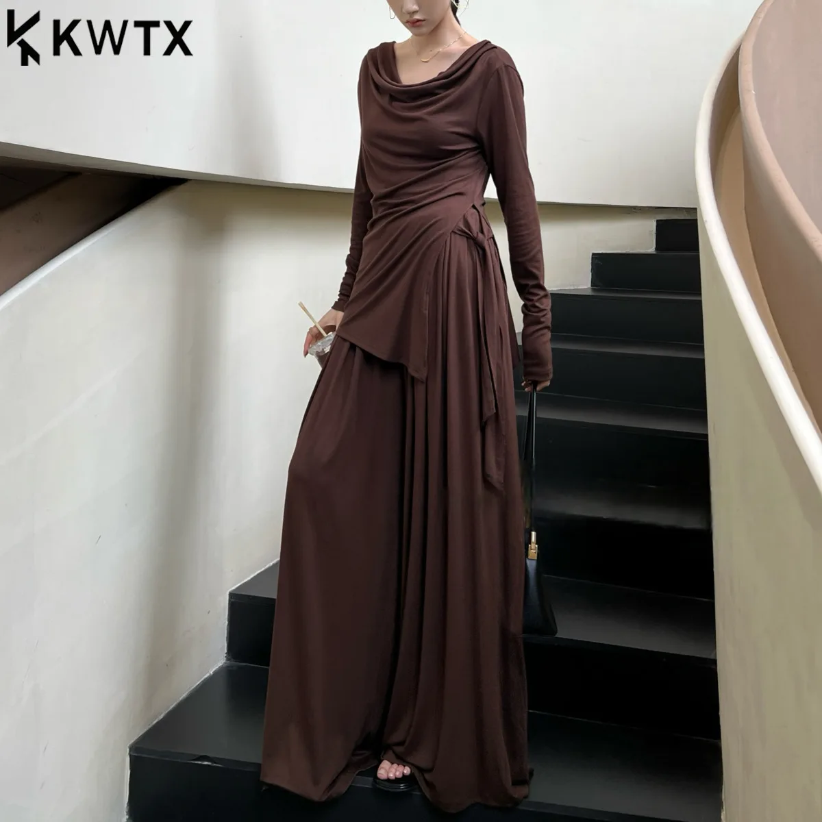 

KWTX Women’s Two Piece Set Asymmetrical Tie Long Sleeve Top High Waist Wide Leg Pants Minimal Relaxed Spring Summer 2025 Solid