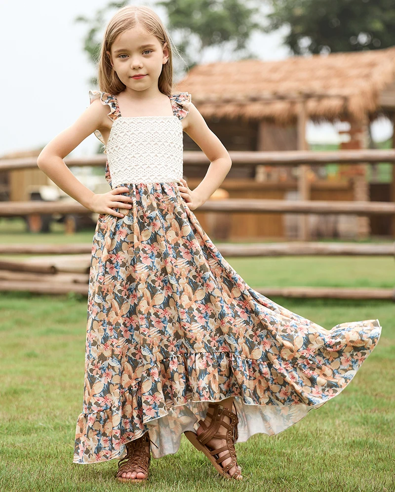 New Bohemian Style Fashion Runway Floral Bow Patchwork Ruffle Edge Irregular Skirt Suspender Flying Sleeve Dress for 4-12 Years