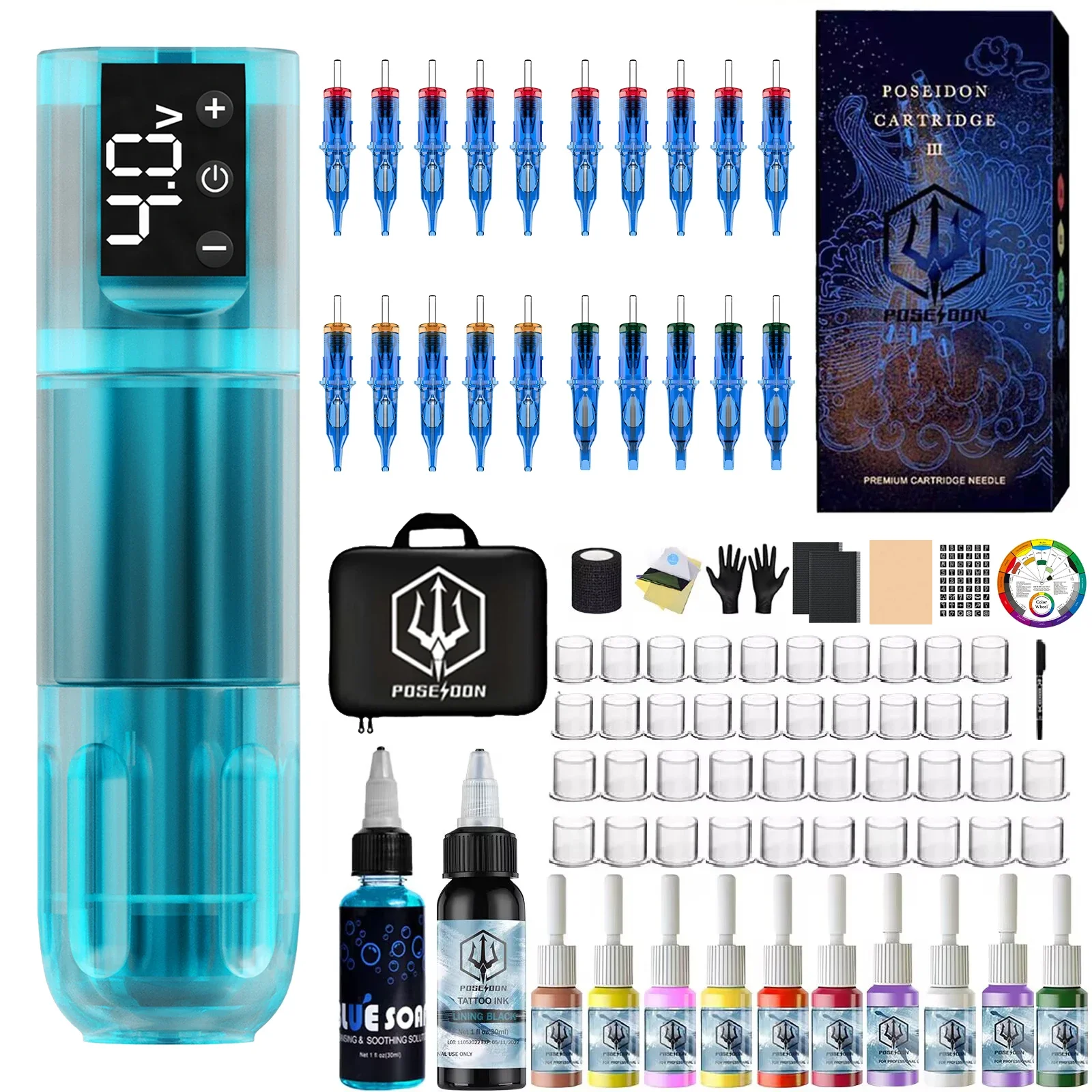 Tattoo-Set POSEIDON Neues blaues Tattoo-Stift-Set für Permanent-Make-up-Tattoo-Maschinen-Set Transparentes Tattoo-Netzteil Tattoo-Set