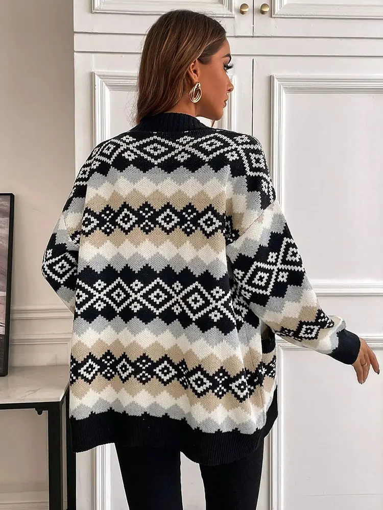 

Pop New Printed With Button Jacket Knit Sweater Women's Loose Lazy Wind Thickened Soft Warm Sweater Coats Fashion Knit Cardigan