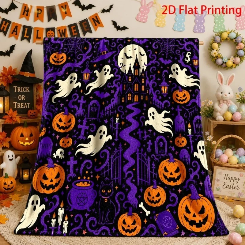 Purple Haunted House Ghost Pumpkin Tombstone Print Throw Blanket, Classic Spooky Halloween Home Throw for Sofa