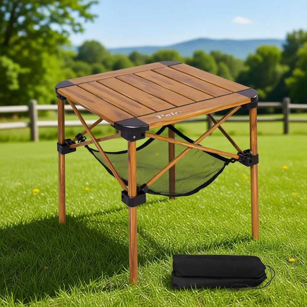 

Компактный складной походный стол с сеткой для хранения для активного отдыха, пикников и барбекю (под дерево, 15,8 x 15,8 x 15,8 дюймов)