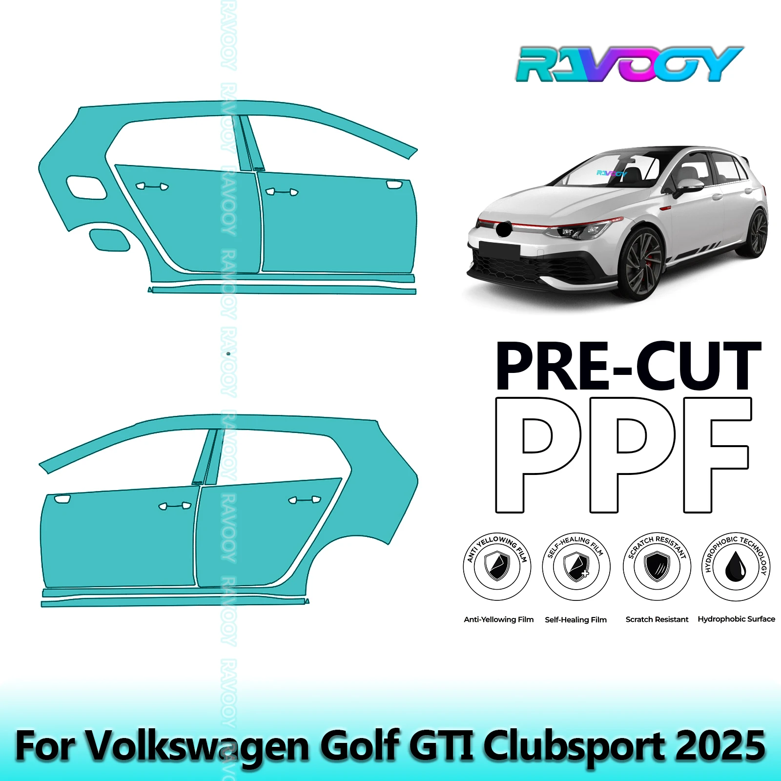 

For Volkswagen Golf GTI Clubsport 2025 8.5mil Clear Matte Pre-Cut PPF Door & A/B Pillar Kit TPU Paint Protection Film Set