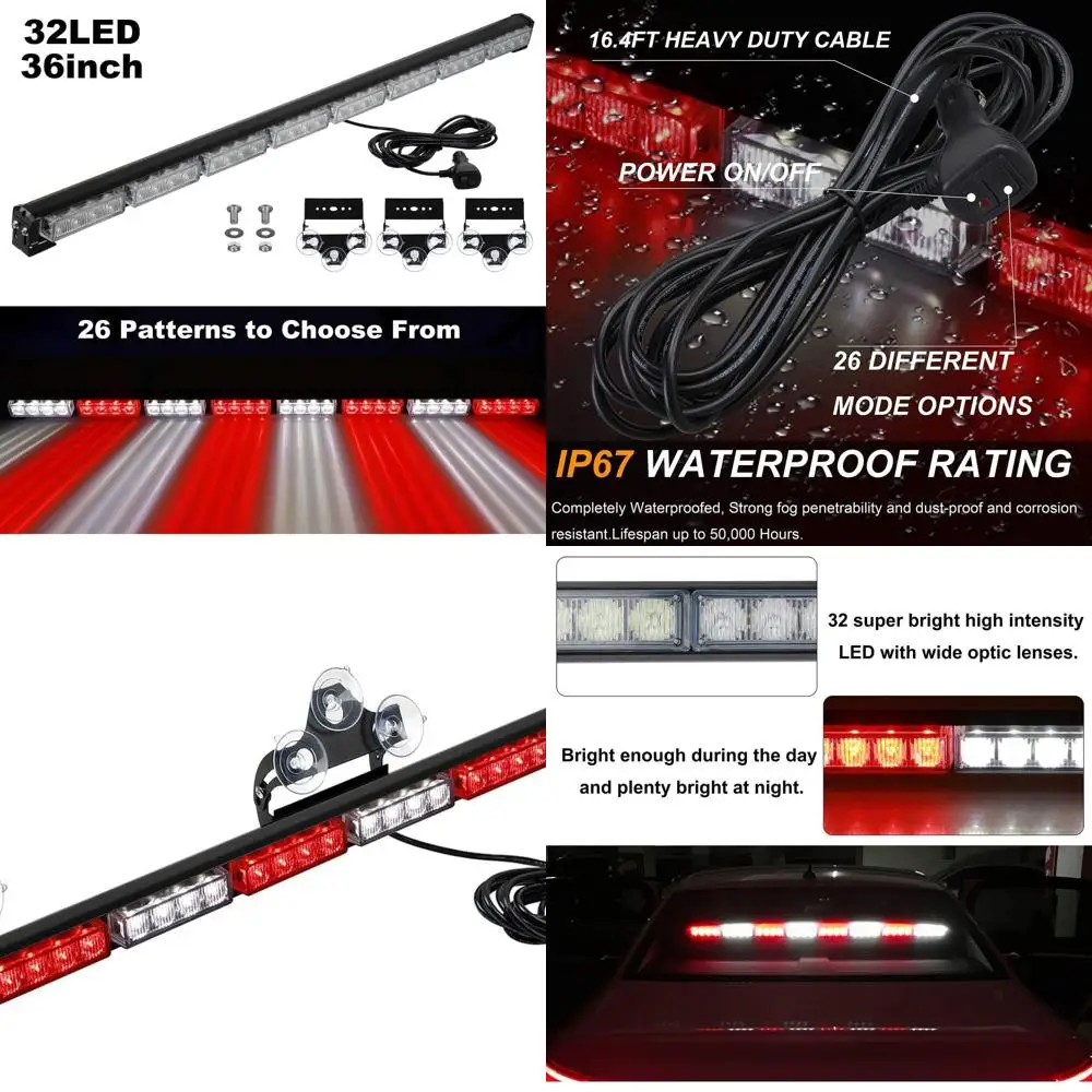 

32 LED Traffic Light Bar with Emergency Strobe, Directional Flashing, and 16ft Straight Cord (Red/White)