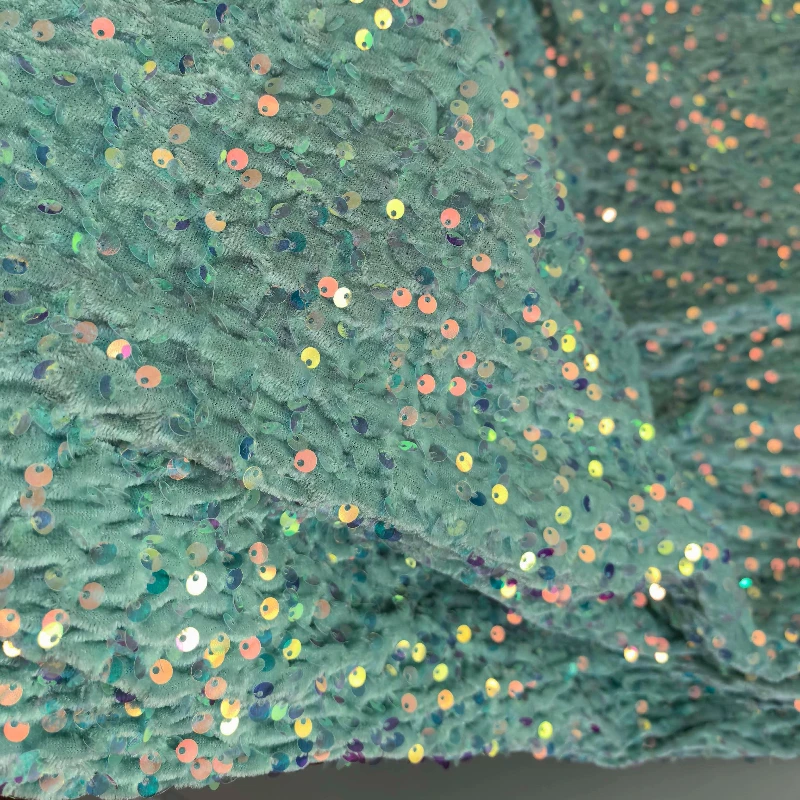 5mm Iridescent Sequin Fabric Mint Green Textured Stretch Sequins on Mesh for Wedding Dress Prom Gown Dance Costume Sewing