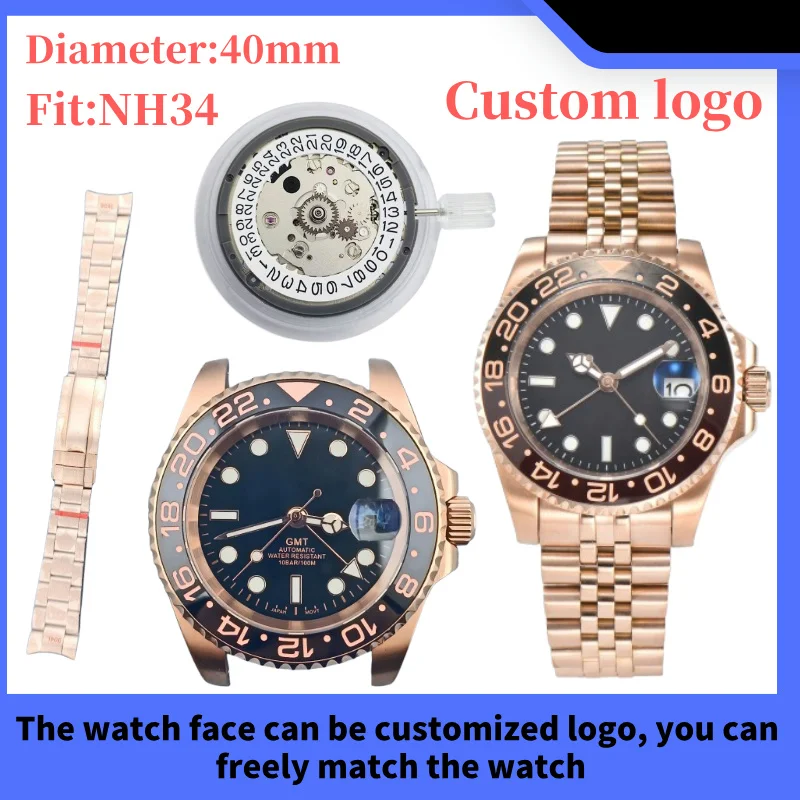 40mm GMT NH34 Men's Watch 316L stainless steel sapphire glass, GMT NH34 watch case, NH34 movement, double steering case