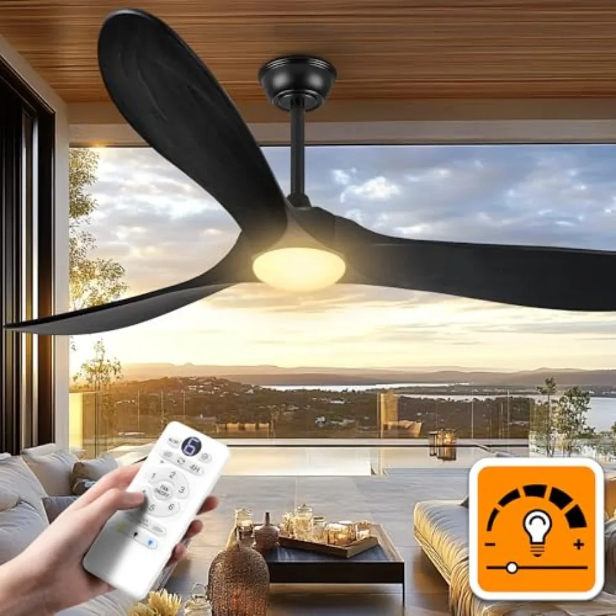 Outdoor ceiling fan for patios, porches, garages: 52-inch matte black DC motor fan with wood 3 blades, integrated light, remote