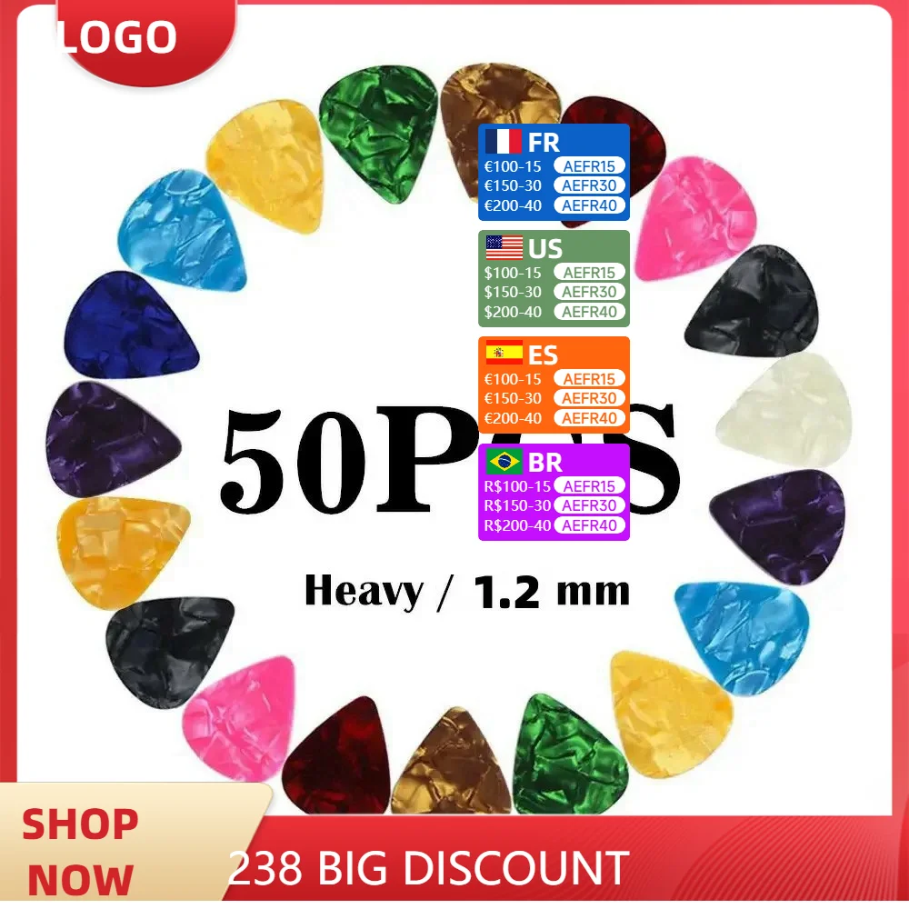 50 Pcs Celluloid Guitar Picks Heavy Thick Gauge Assorted Pearl Variety Sampler Pack Mixed Colorful